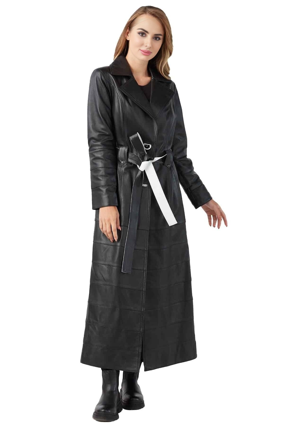 Natalie Long Trench Leather Coat For Women
