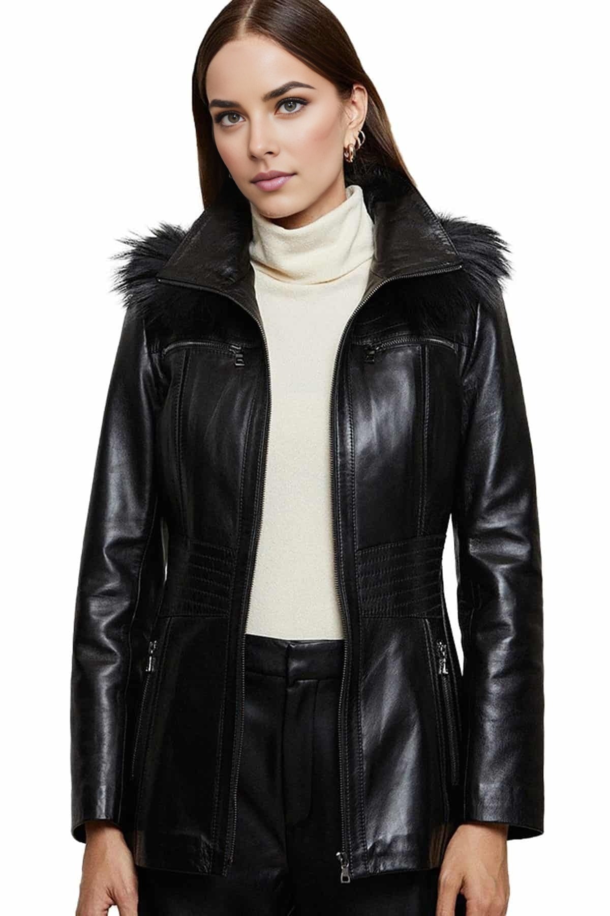 Cora Black Stylish Leather Coat With Fur Hood For Women