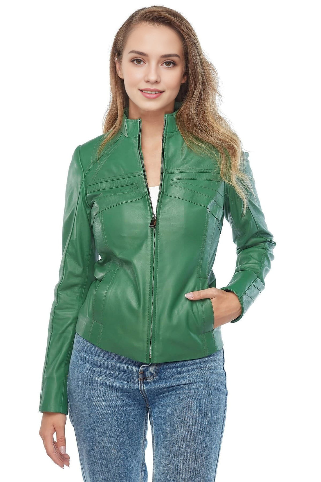Melody Green Biker Leather Jacket For Women