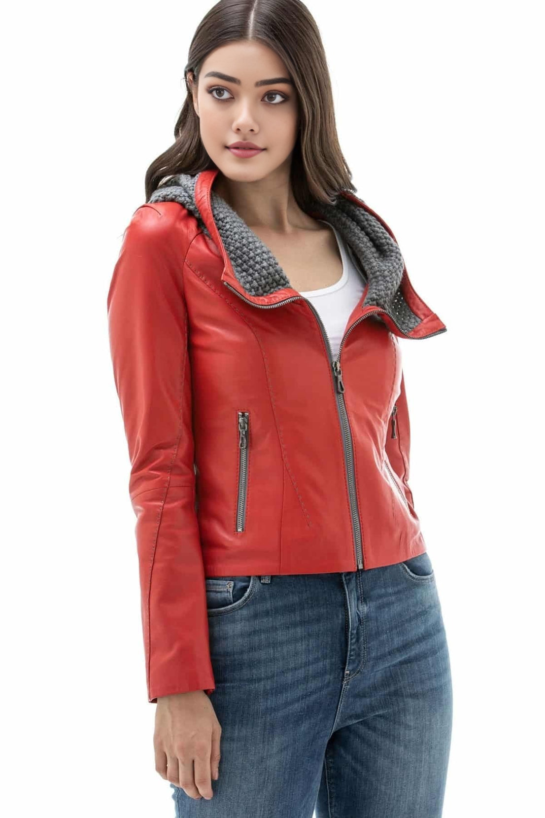 Milani Red Hooded Leather Jacket For Women