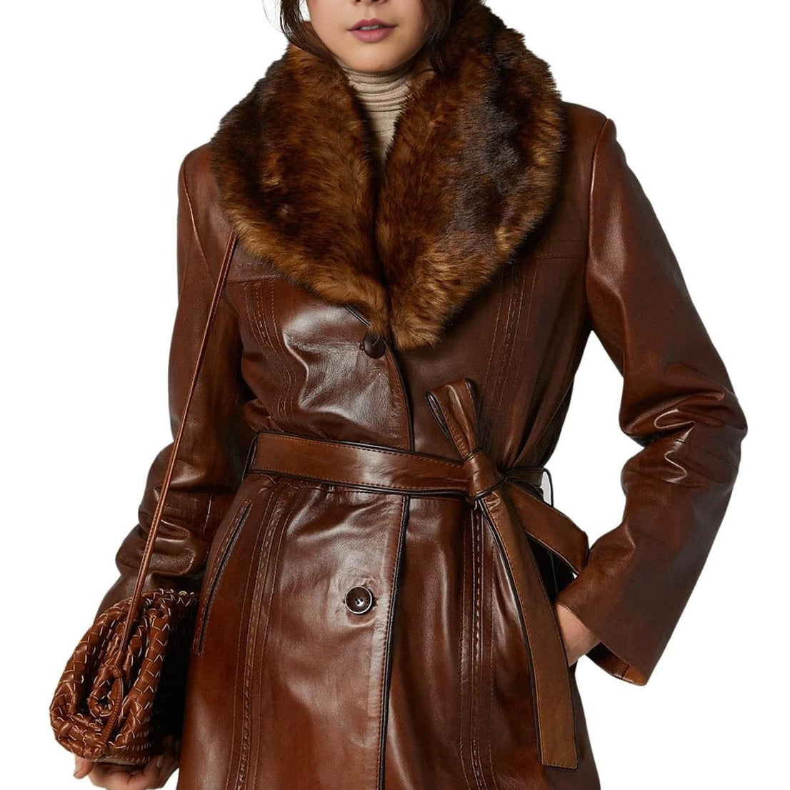 Nancy Brown Leather Coat With Fur Collar For Women