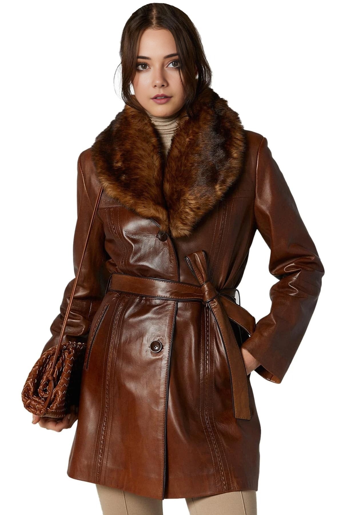 Nancy Brown Leather Coat With Fur Collar For Women