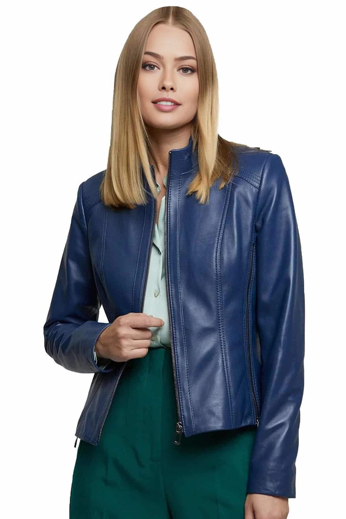 Grace Blue Biker Leather Jacket  For Women