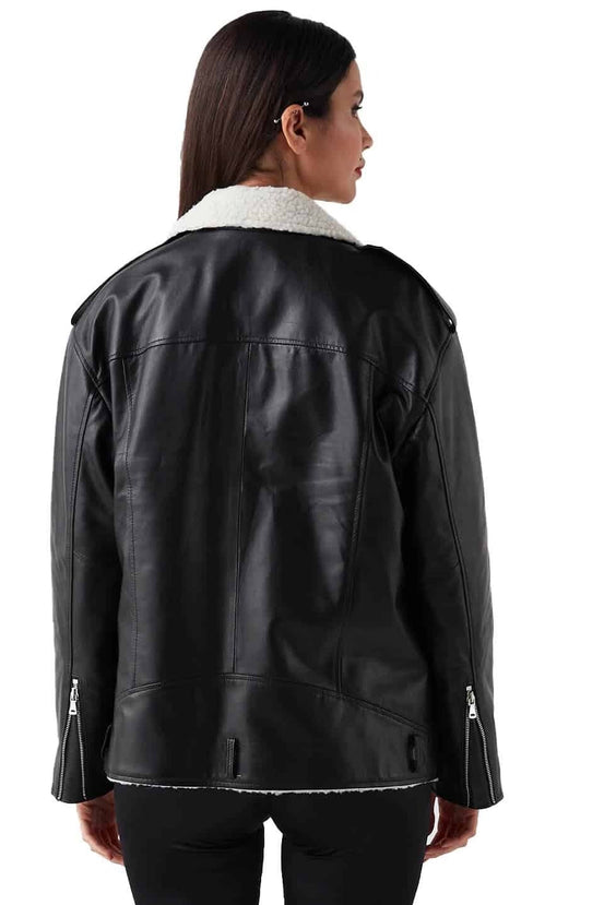Andrea Black Fur Leather Jacket For Women