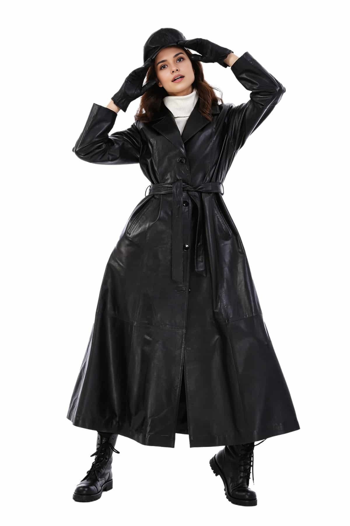 Jacqueline Black Long Trench Trending Leather Coat For Women