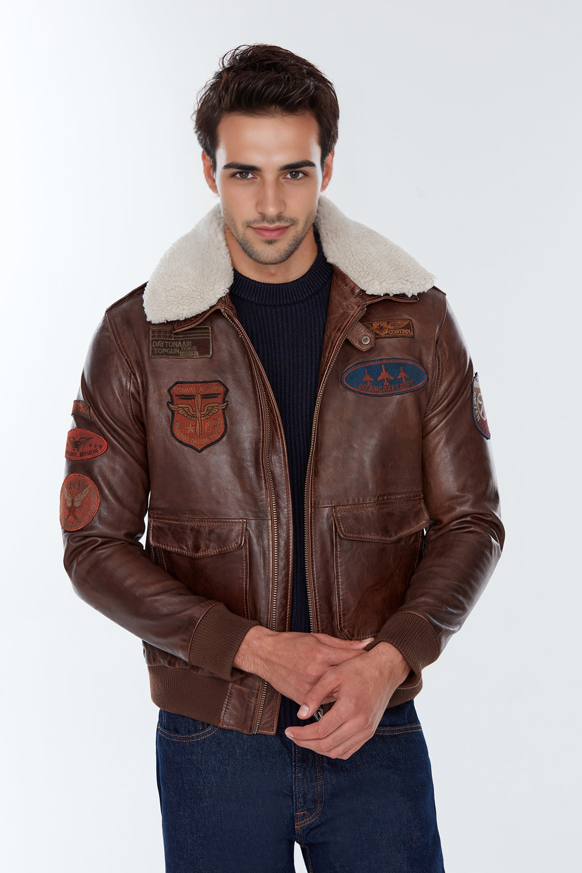 Maverick Brown Fur Collar Pilot Leather Jacket with Emblem For Men