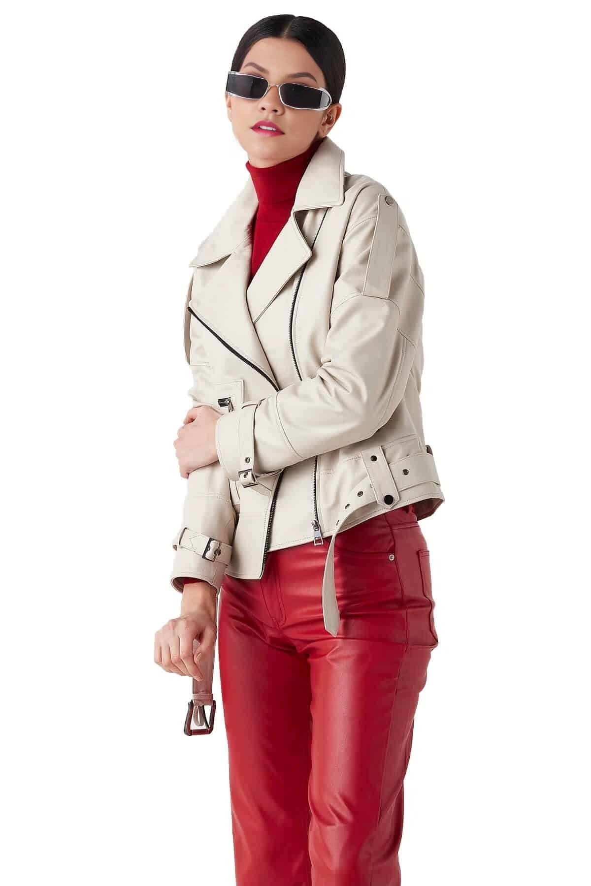 Paisley Beige Leather Jacket For Women