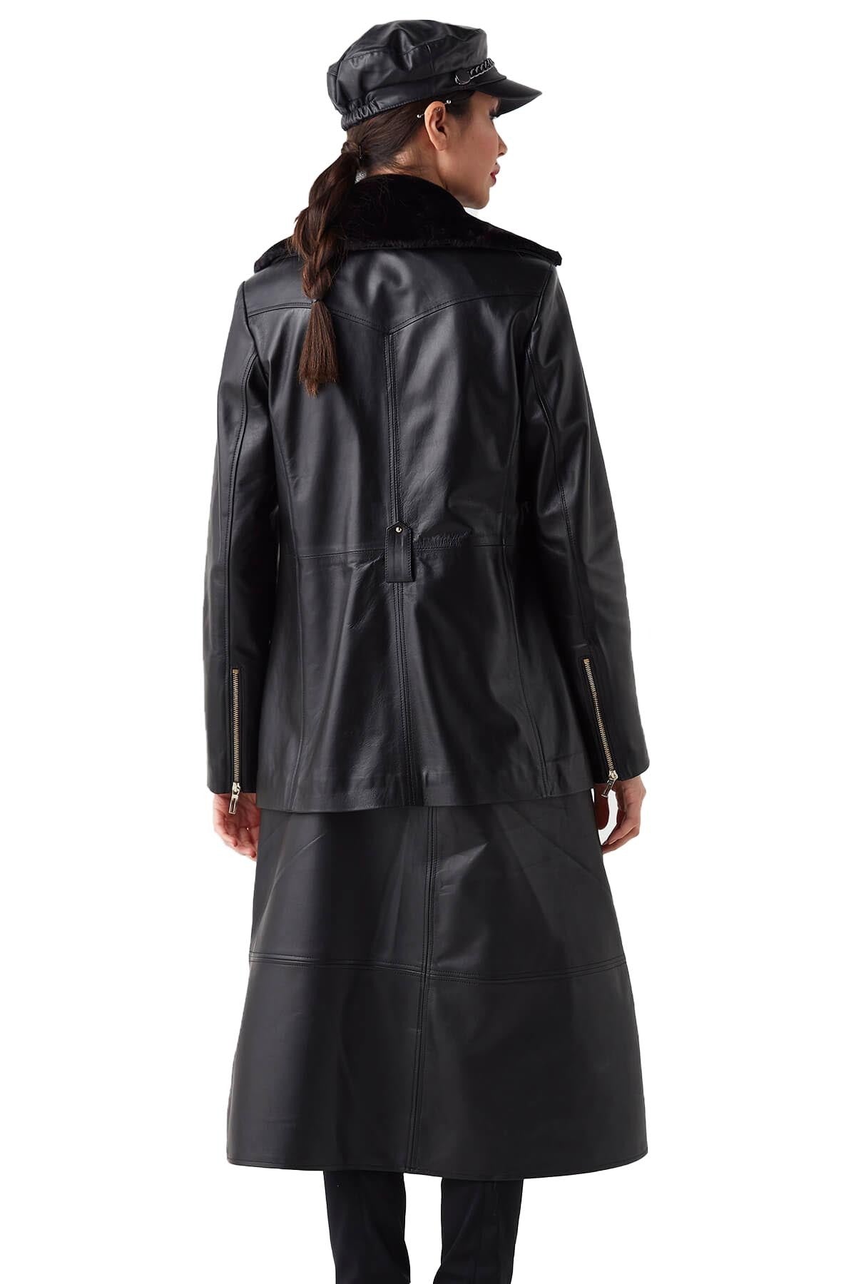 Charlotte Black Blazer Fur Leather Jacket For Women