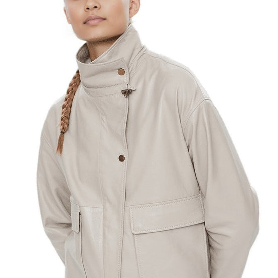 Valentina Beige Stand Up Collar Leather Coat For Women