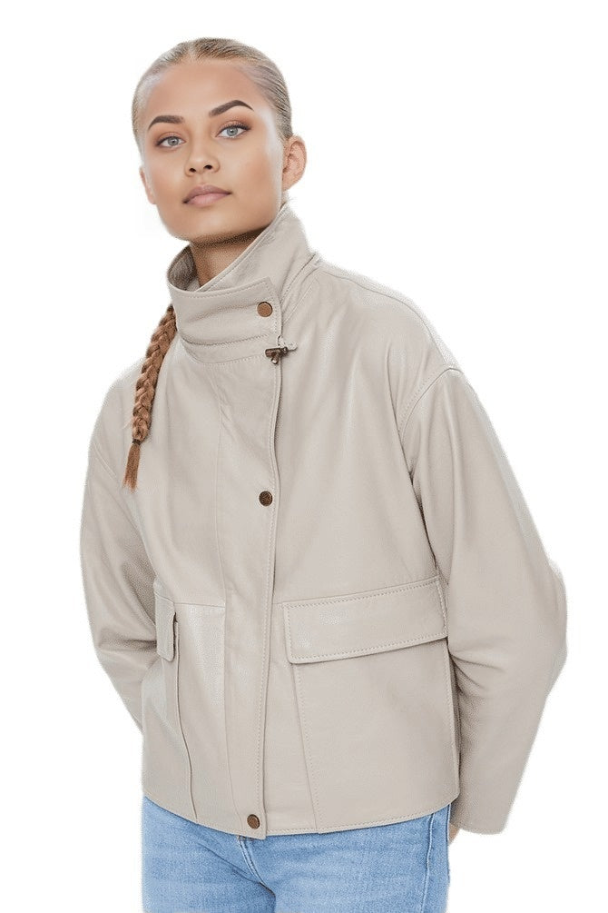 Valentina Beige Stand Up Collar Leather Coat For Women