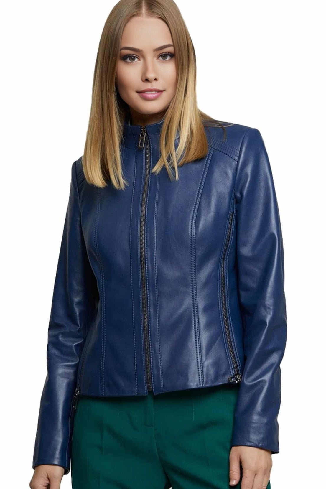 Grace Blue Biker Leather Jacket  For Women