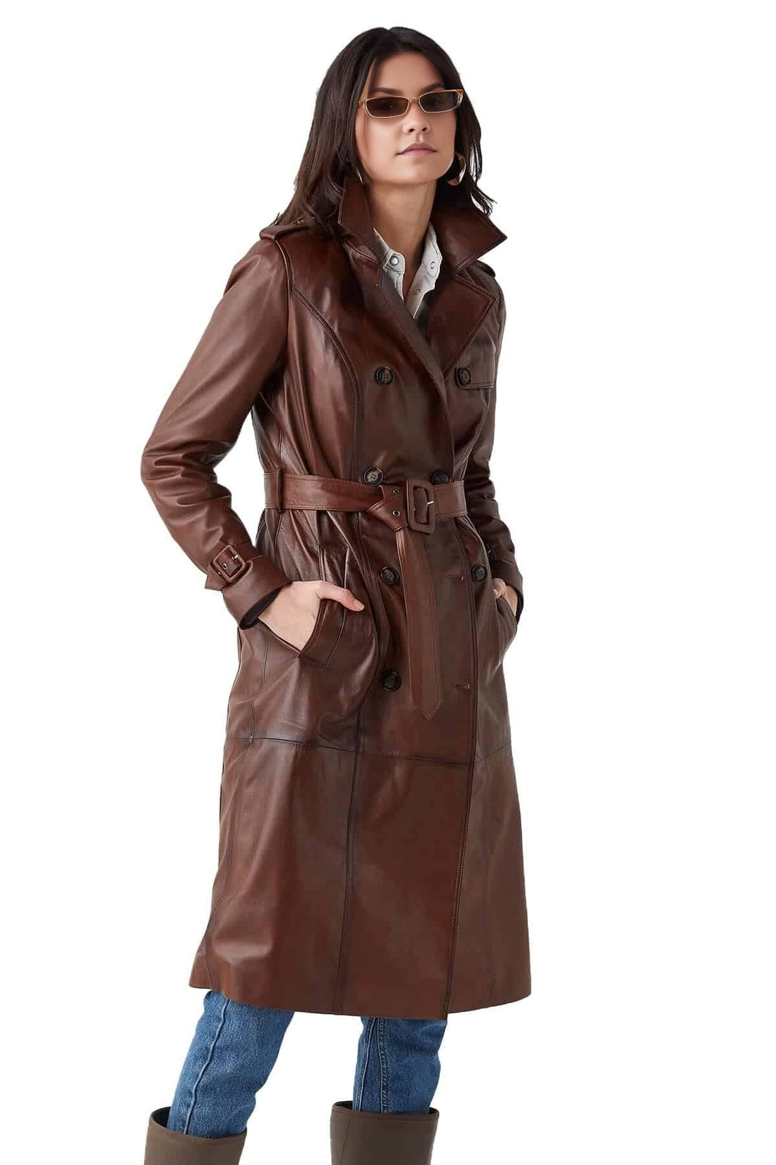 Nova Brown Leather Coat For Women With Center Belt