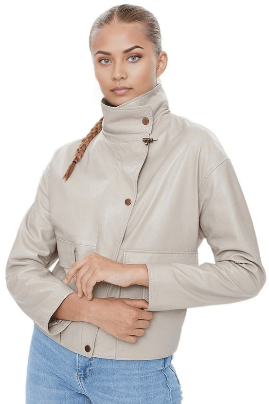 Valentina Beige Stand Up Collar Leather Coat For Women