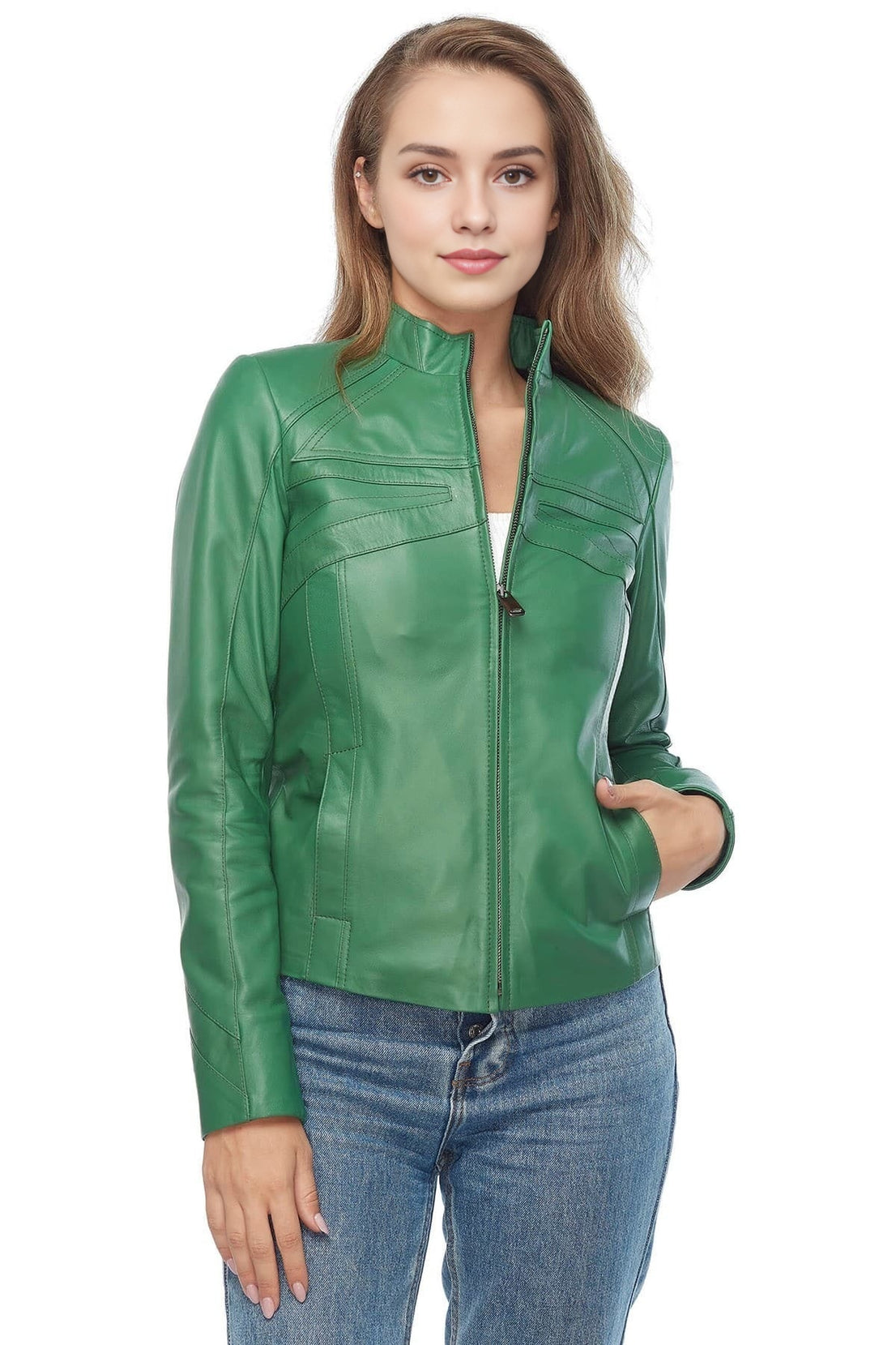Melody Green Biker Leather Jacket For Women