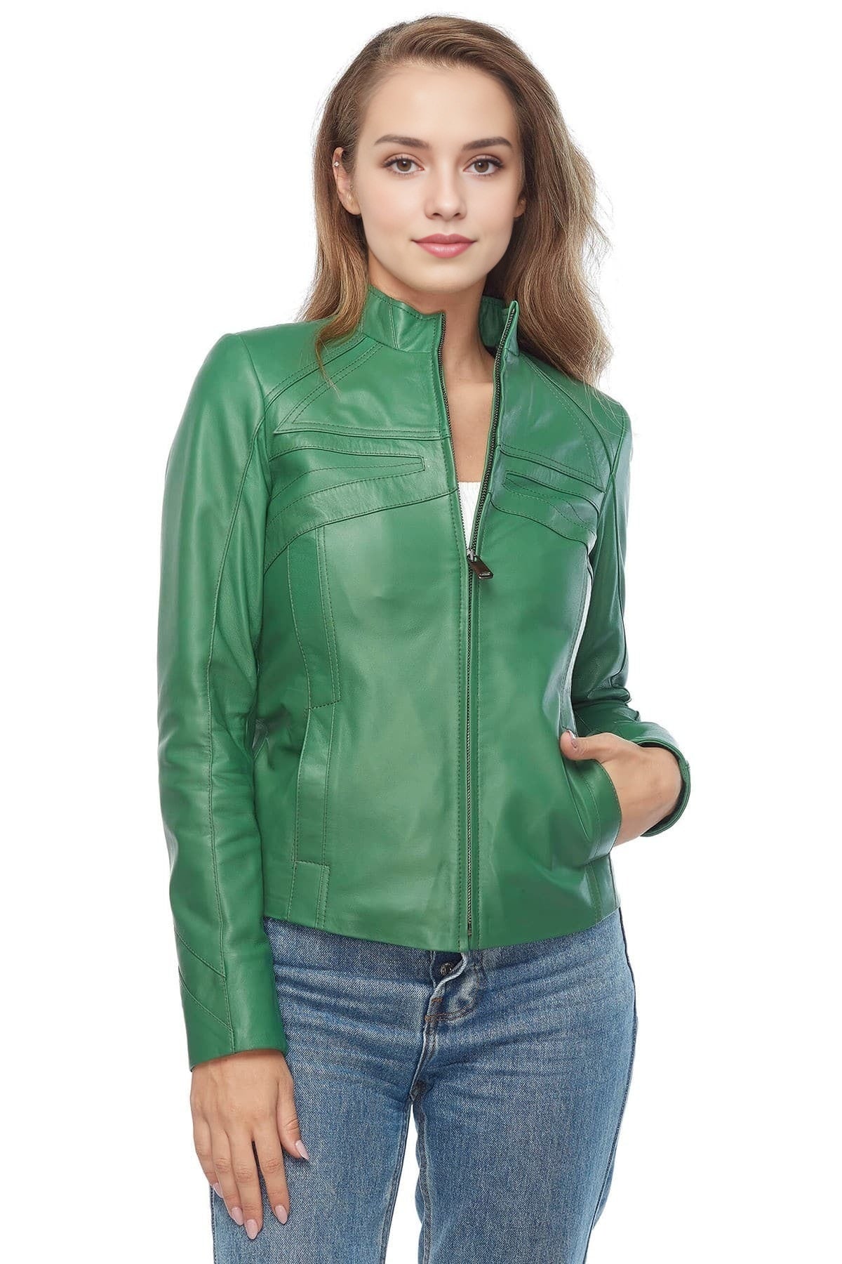 Melody Green Biker Leather Jacket For Women