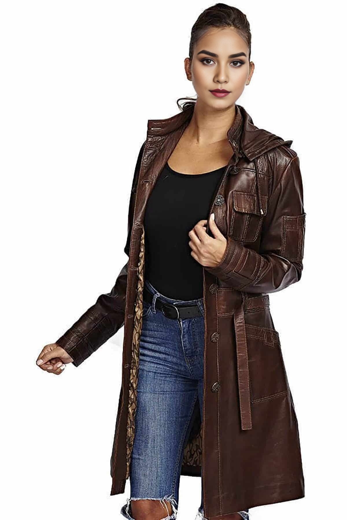 Mimi Brown Long Trench Leather Coat For Women