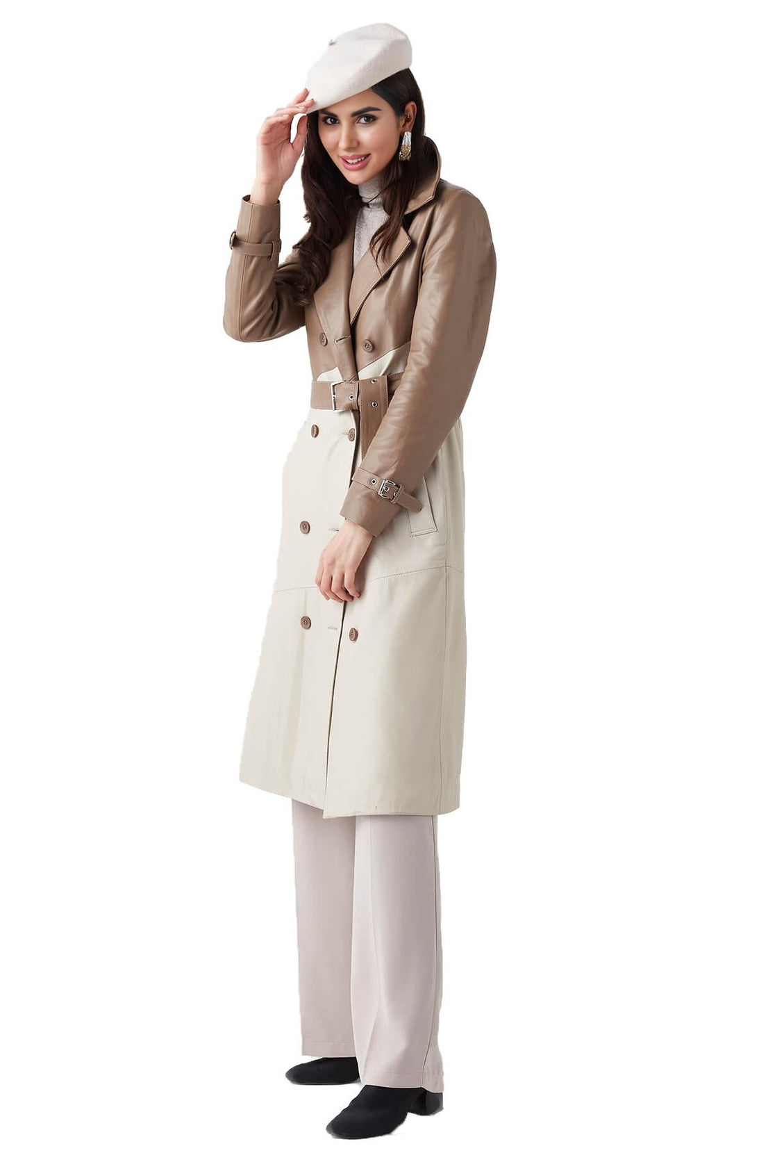 Athena Beige & Cappuccino Long Leather Coat For Women