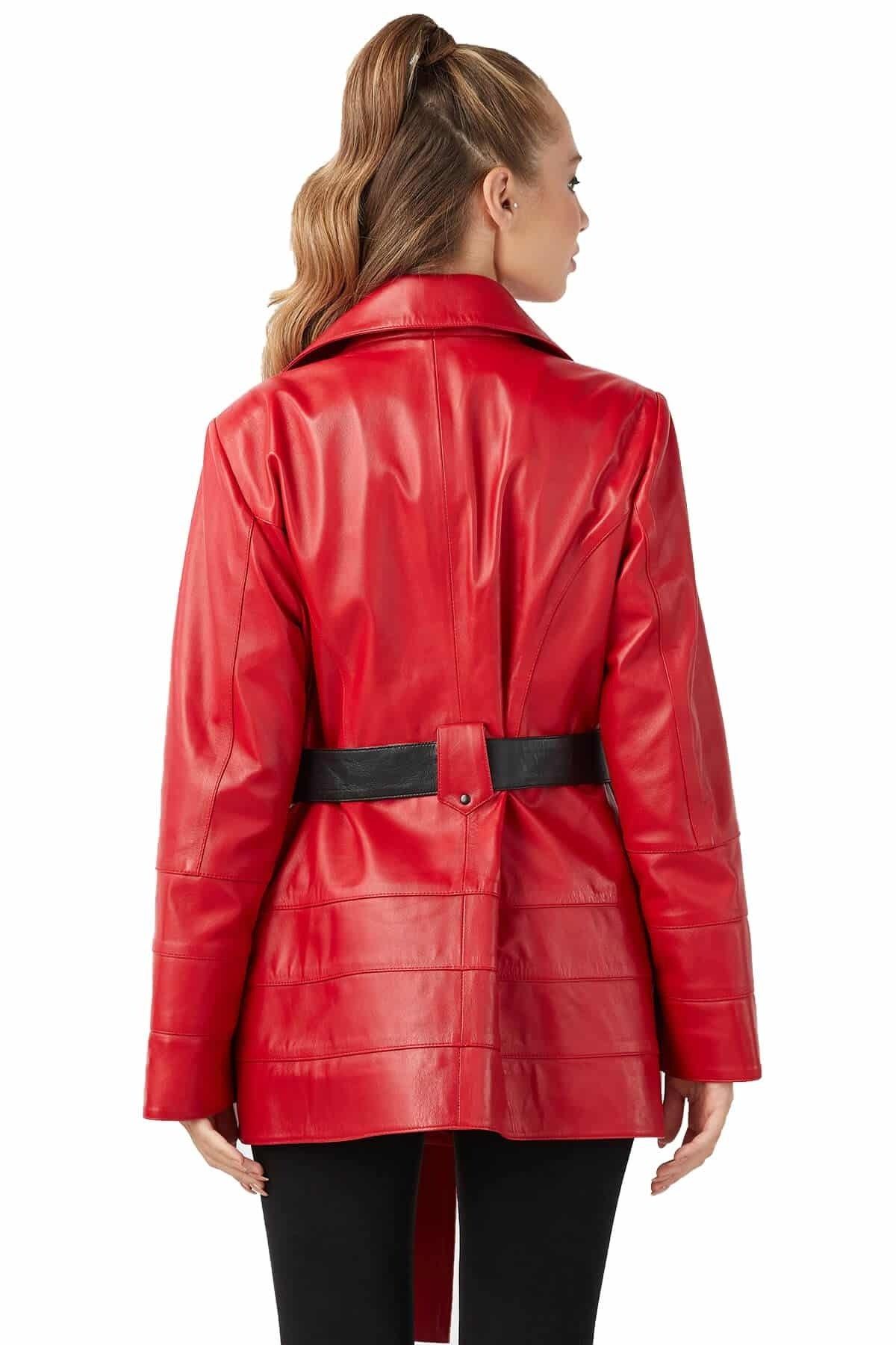Avery red Trench Leather Coat With Center Belt For Women