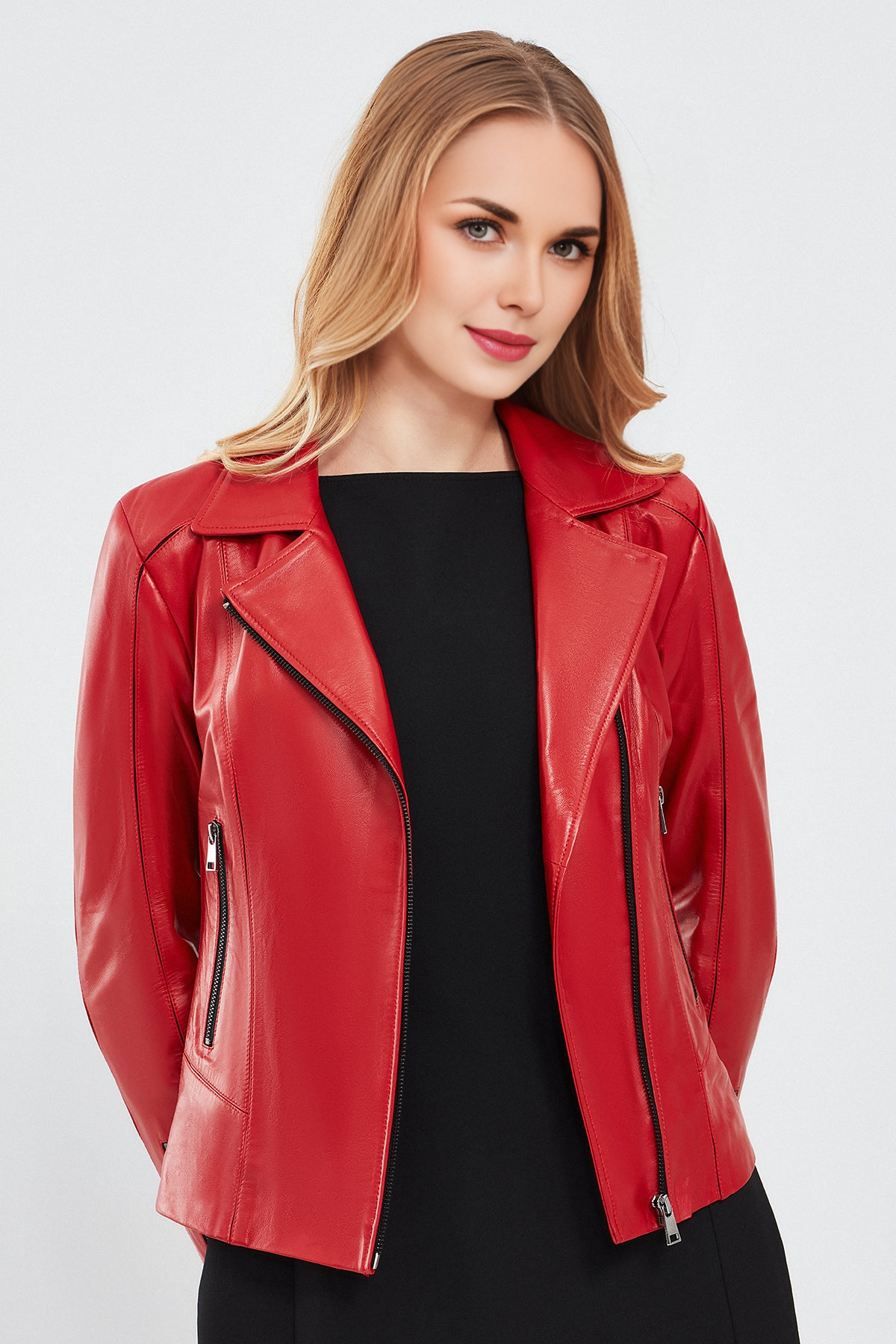 Red Slim-Fit Biker Leather Jacket For Women
