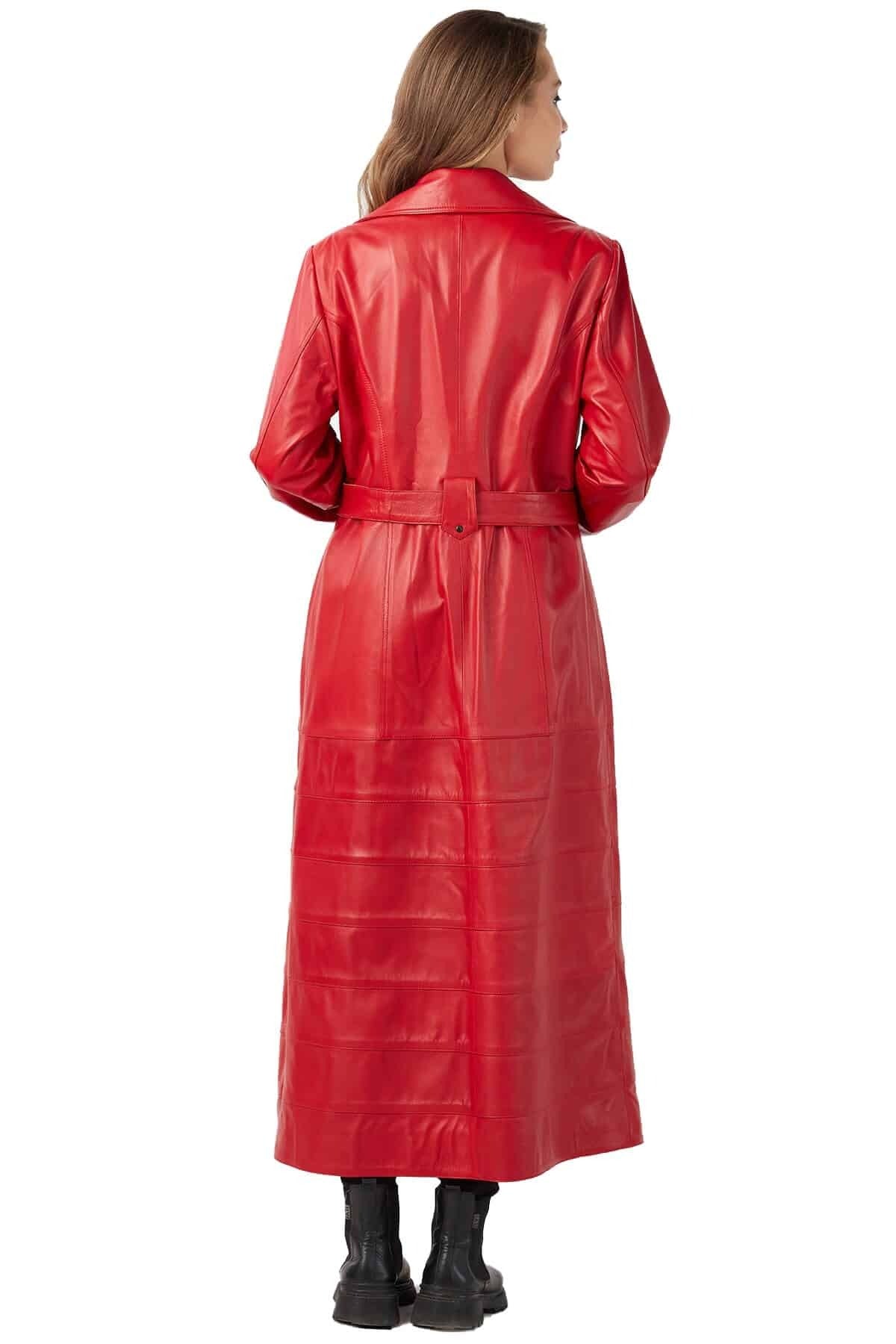 Kirsten Trench Red Long Leather Coat For Women