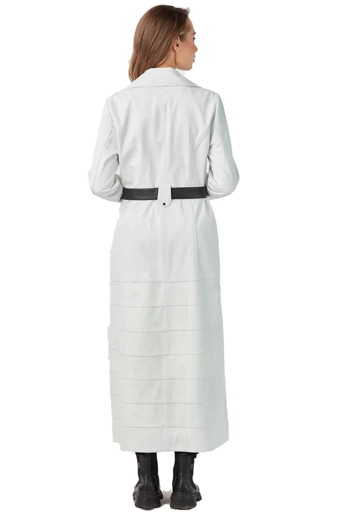 Maeve Long Leather Coat For Women With Center Belt Closure