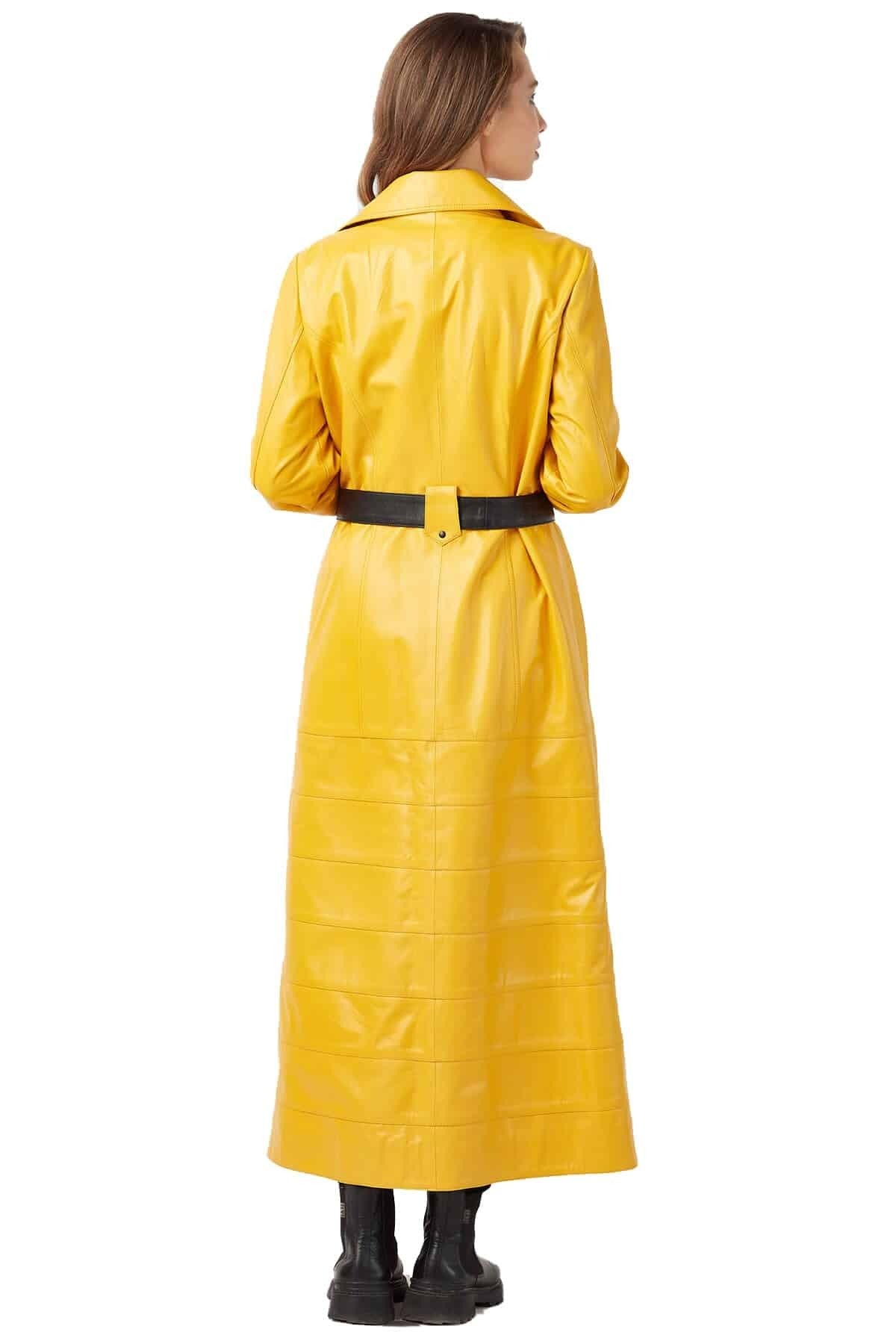 Madeline Yellow Long Leather Coat With Center Belted For Women