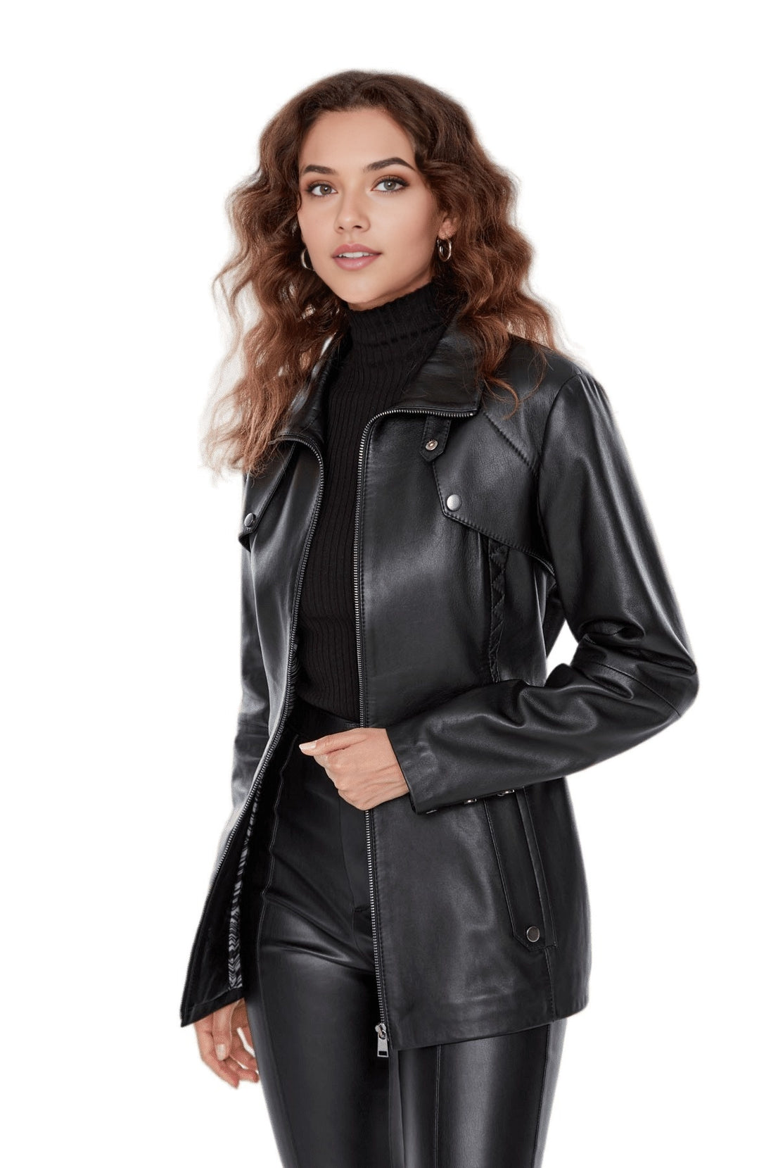 Hazel Black Leather Hip Length Stylish Coat For Women