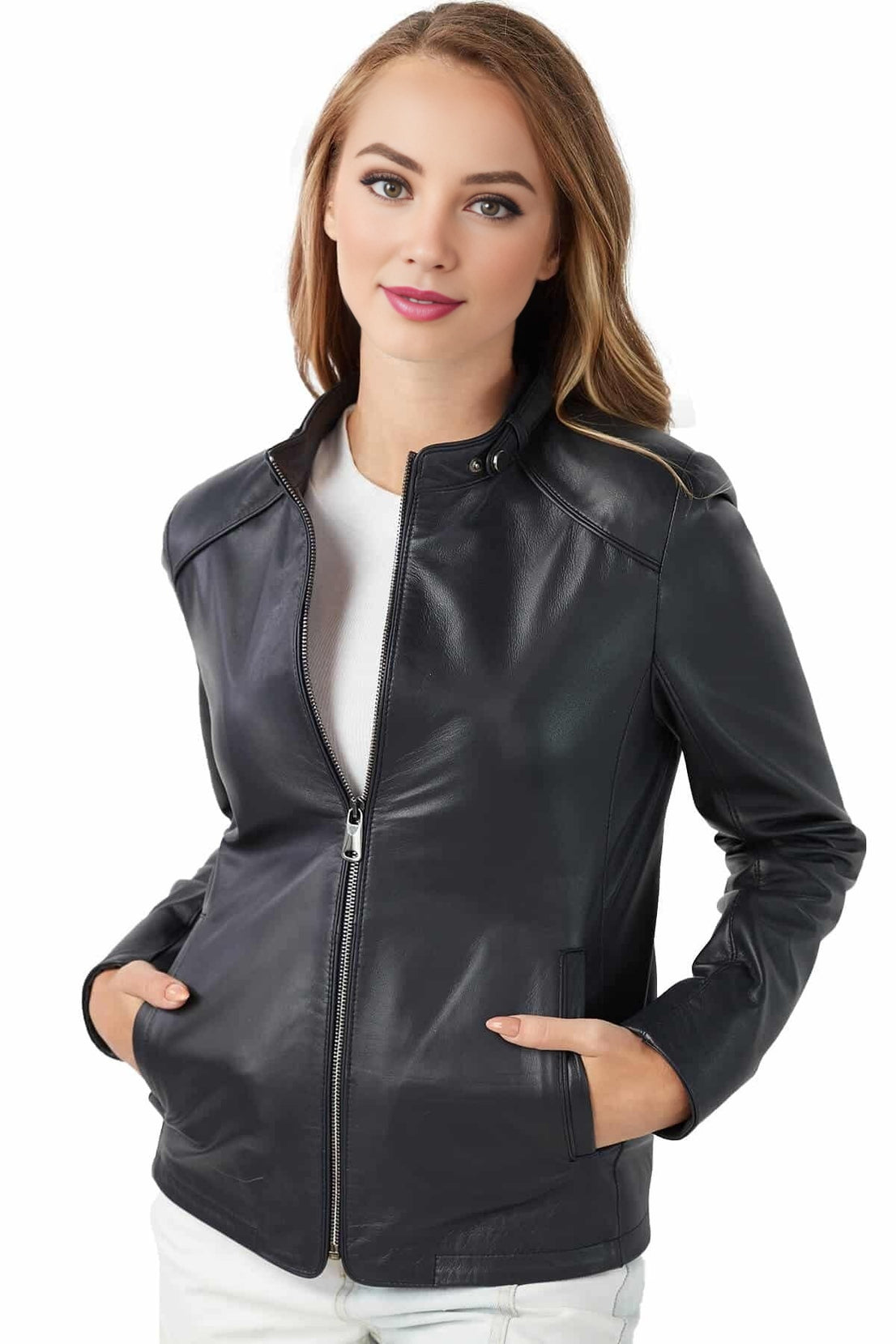 Megan Navy Blue Slim Fit Leather Jacket For Women