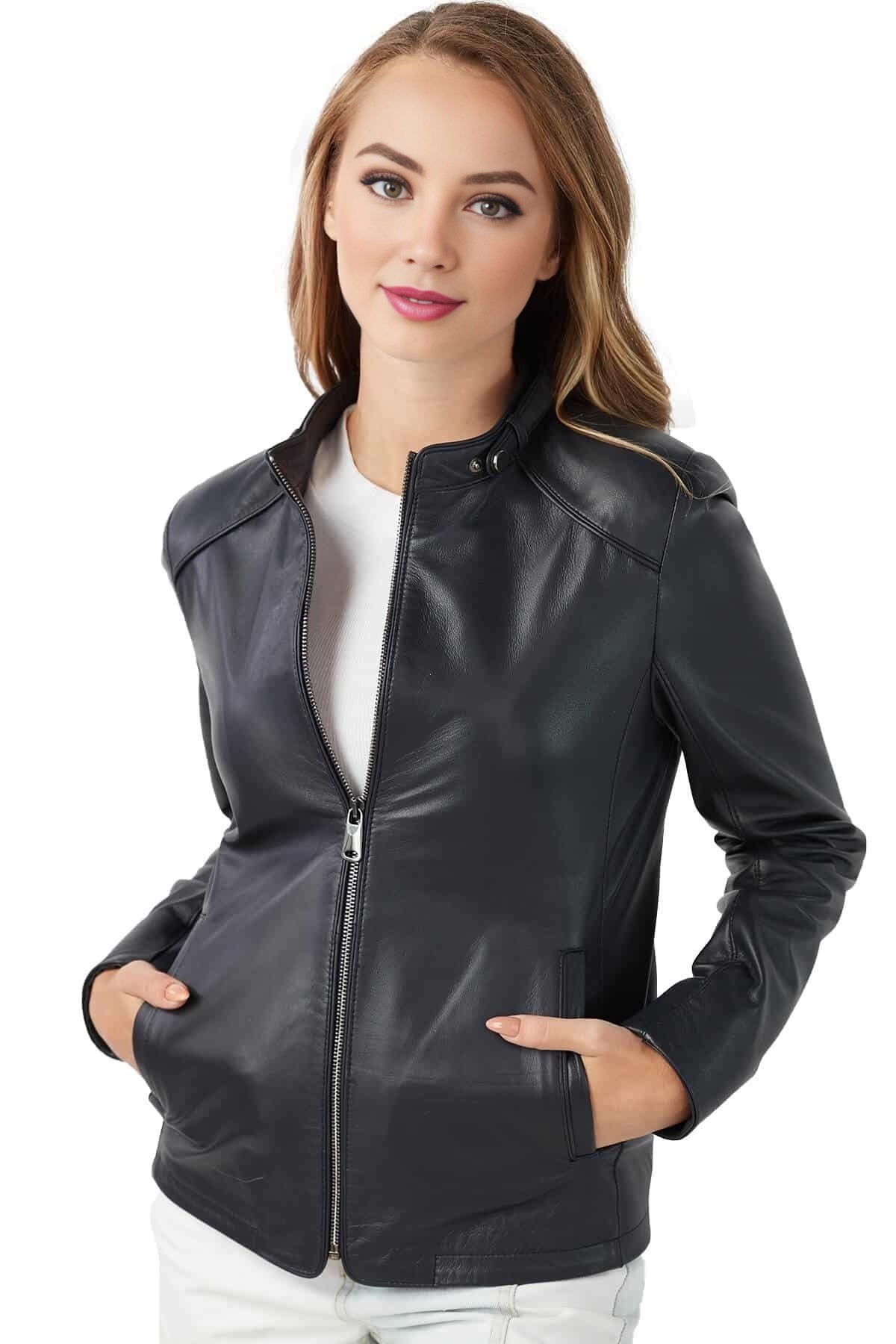Megan Navy Blue Slim Fit Leather Jacket For Women