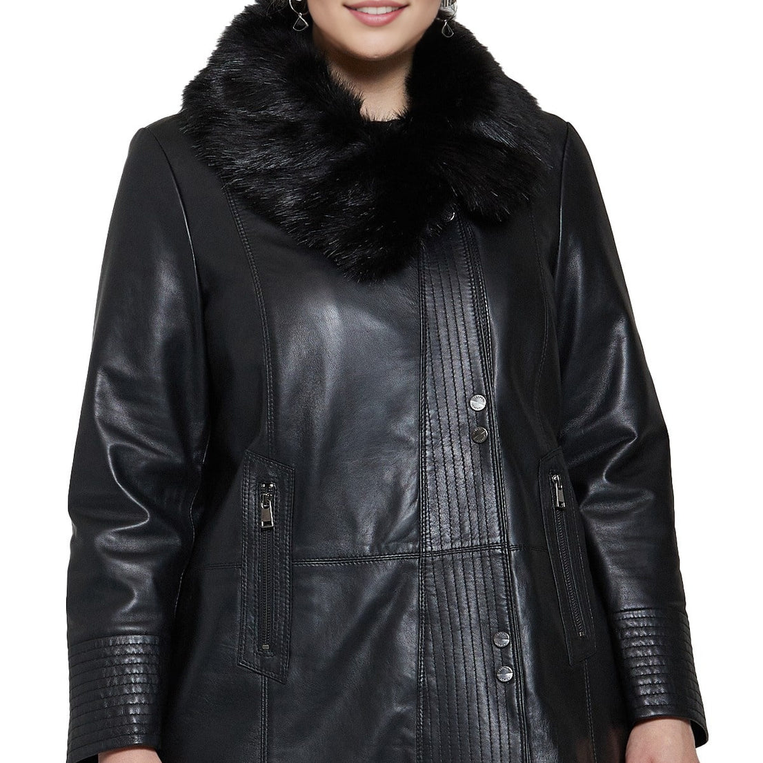 Michelle Black Trench Leather Coat For Women With Fur Collar