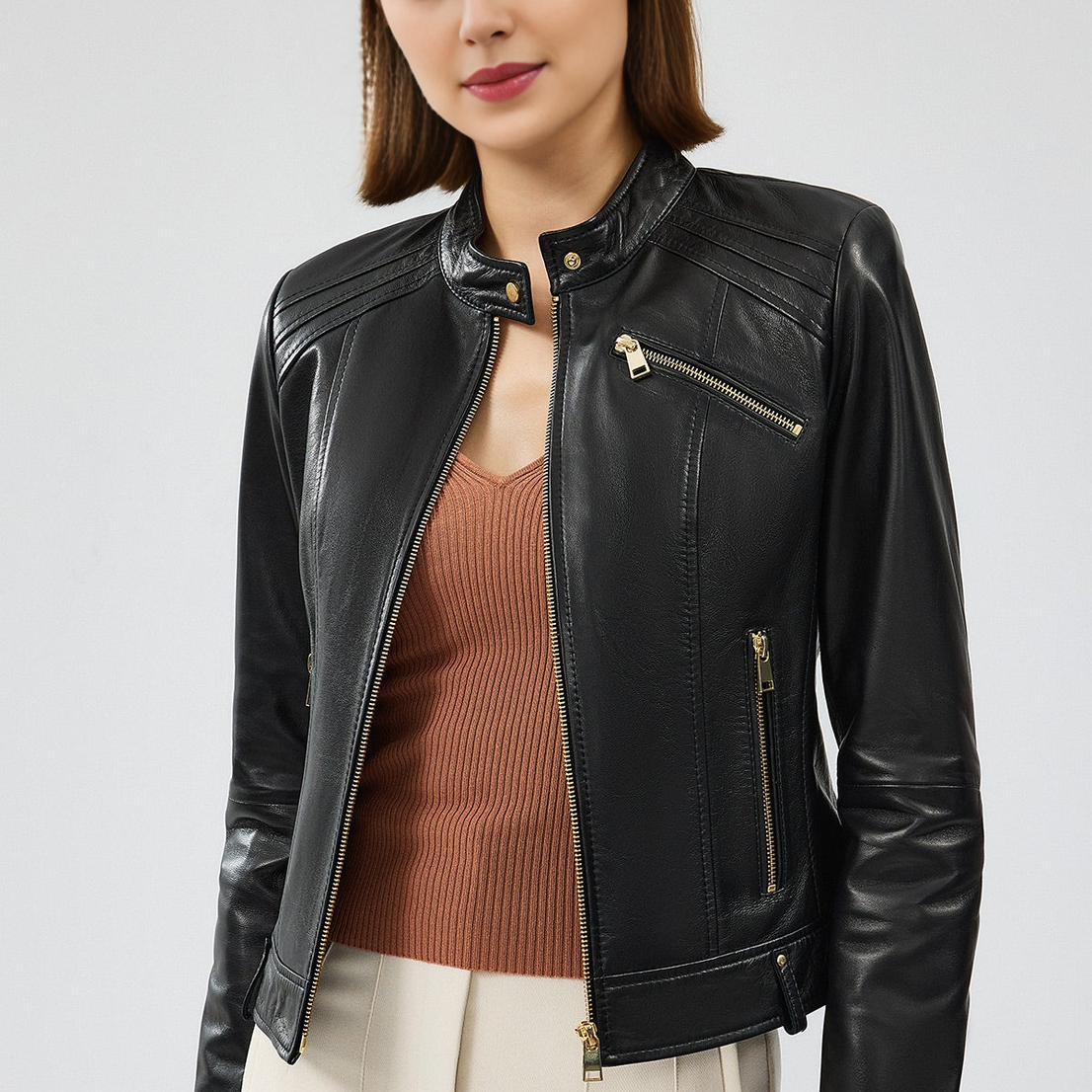 Short Leather Black Jacket For Women