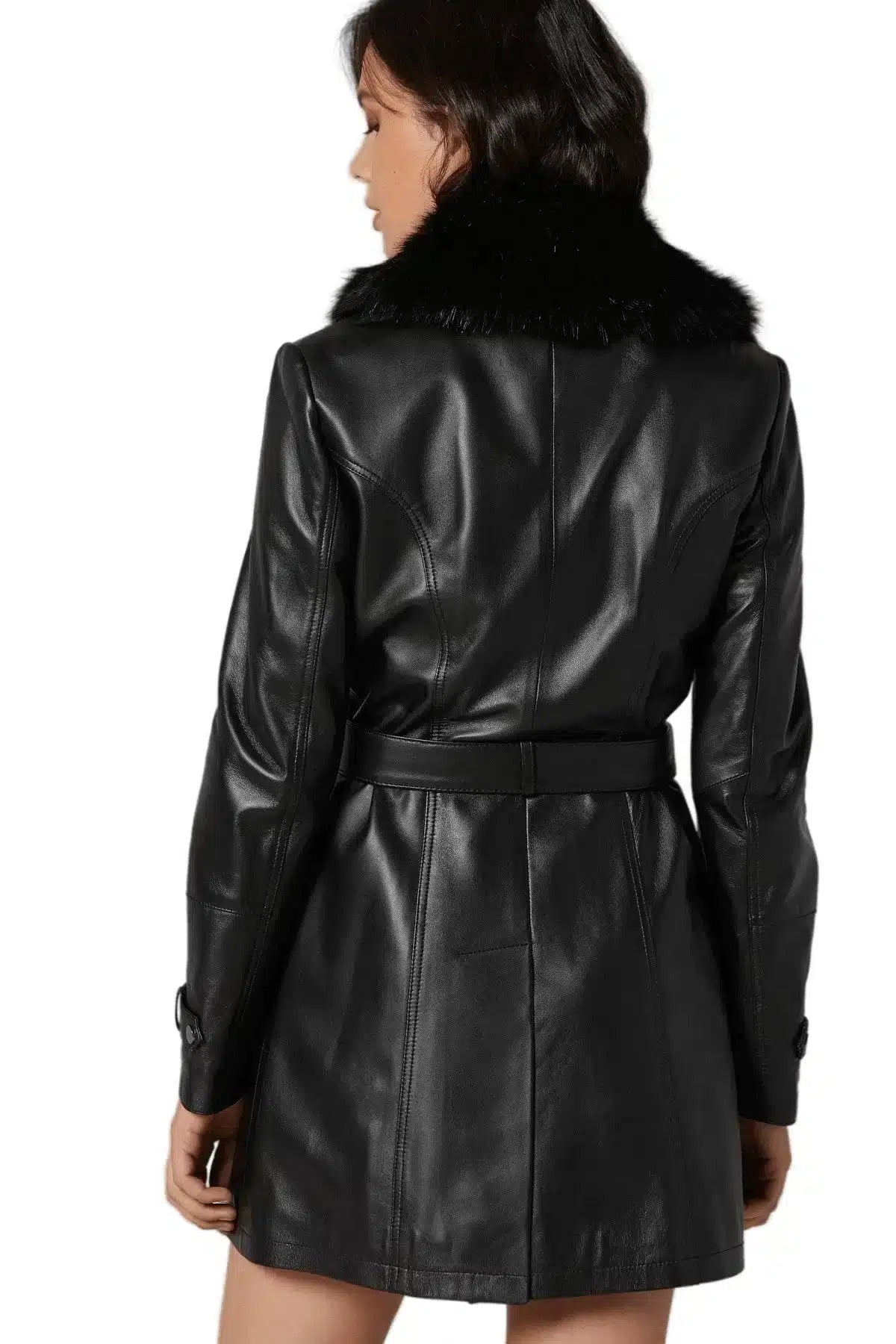 Theodore Black Leather Coat For Women With Fur Collar