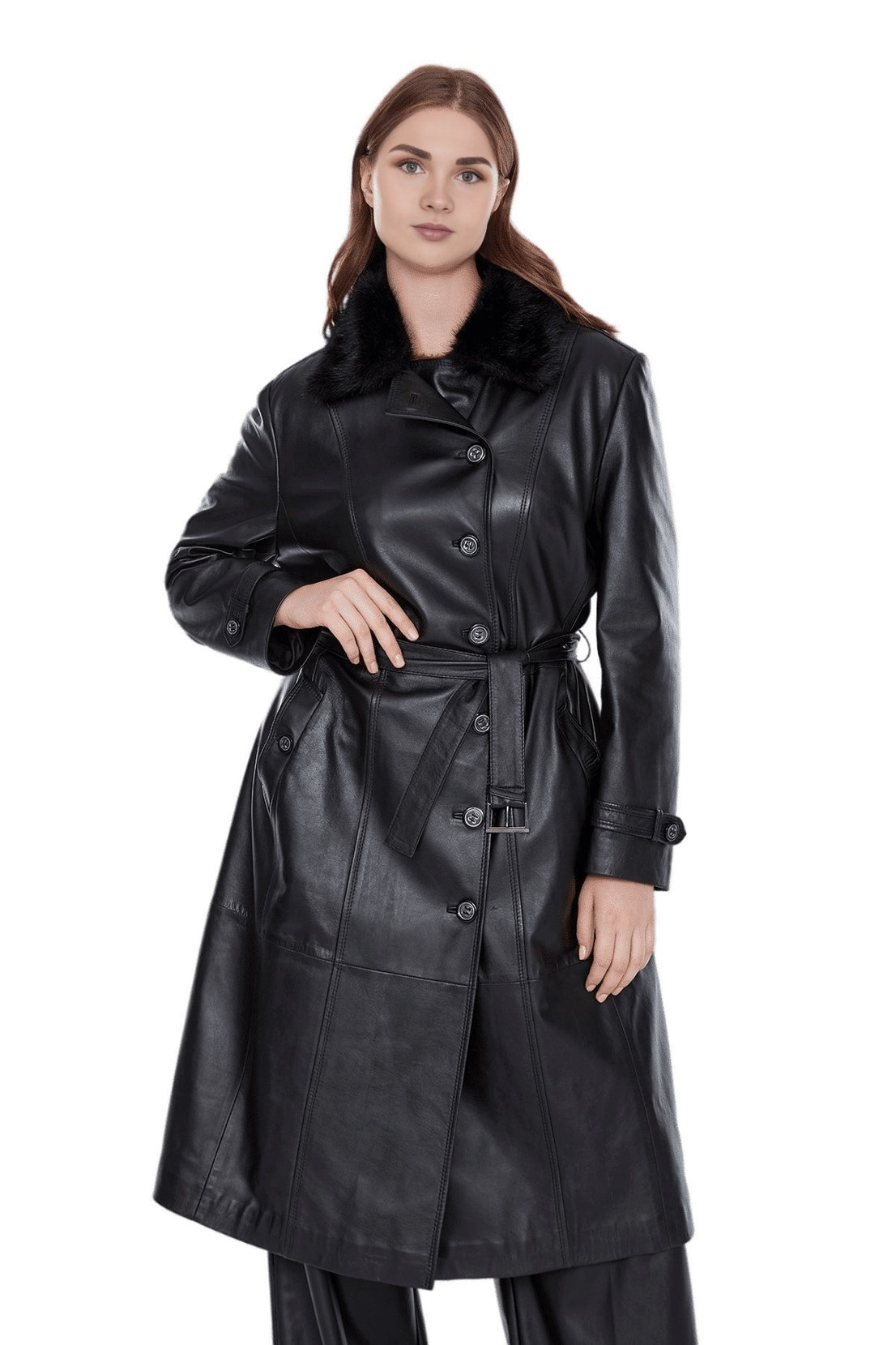 Hadley Black Trench Long Leather Coat For Women