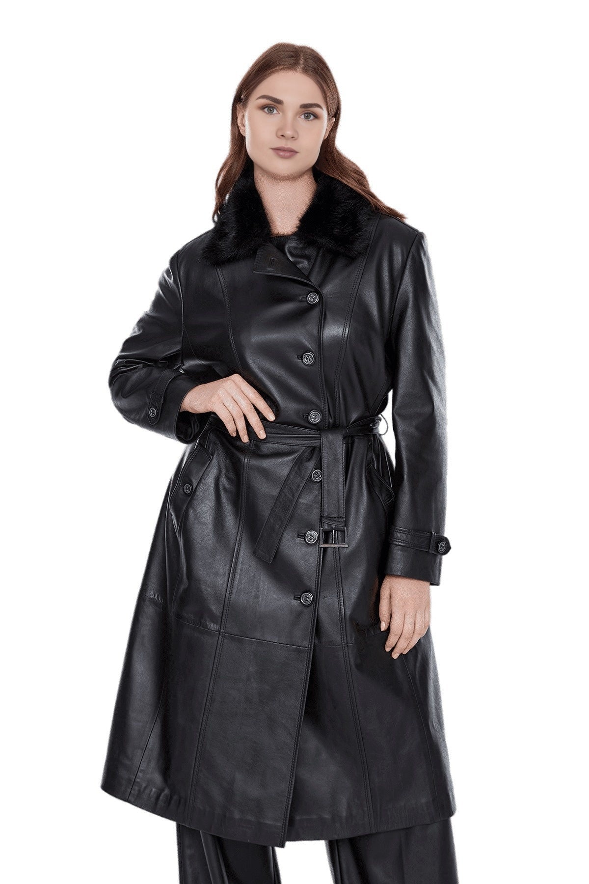 Hadley Black Trench Long Leather Coat For Women