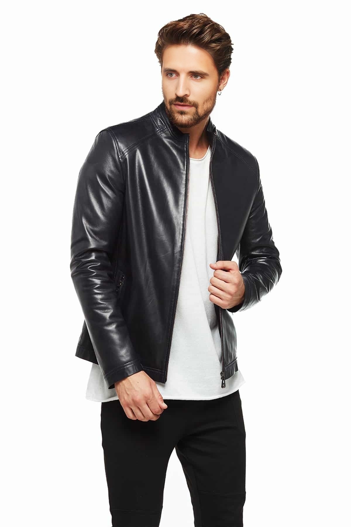 Douglas	Classic Black Leather Jacket For Men