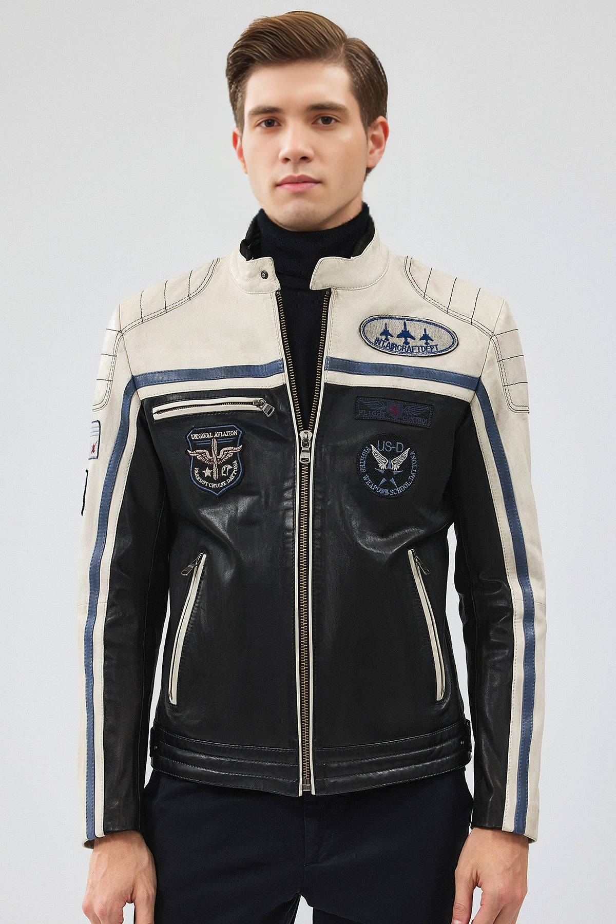 Takeoff Black Leather Jacket with Emblem For Men