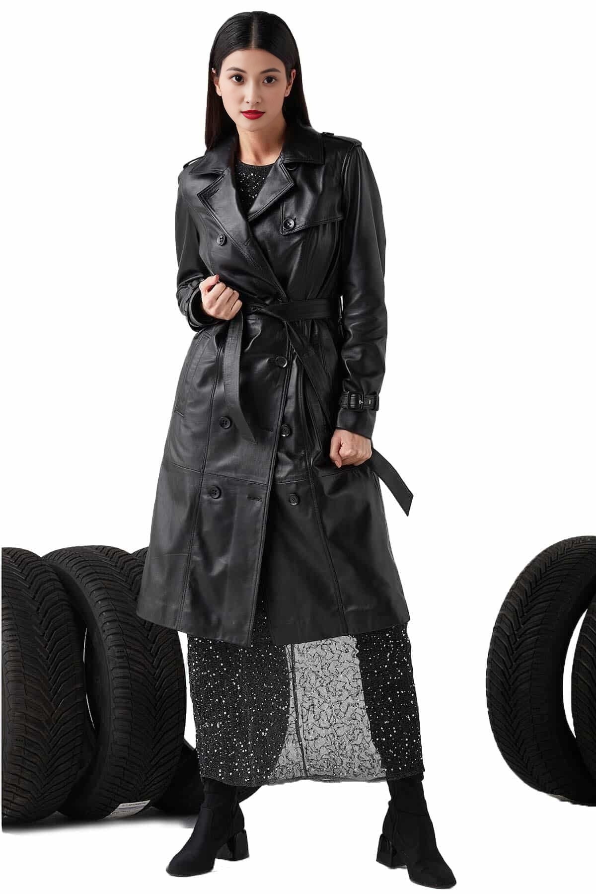 Lydia Black Long Trench Leather Coat For Women