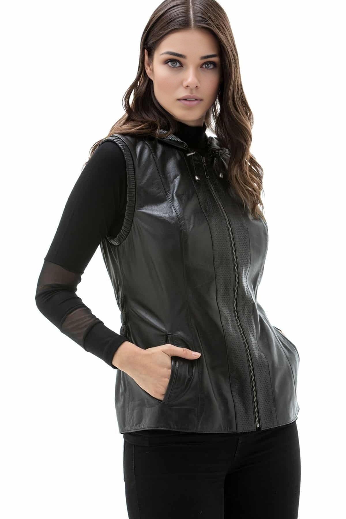 Mackenzie Black Leather Vest For Women