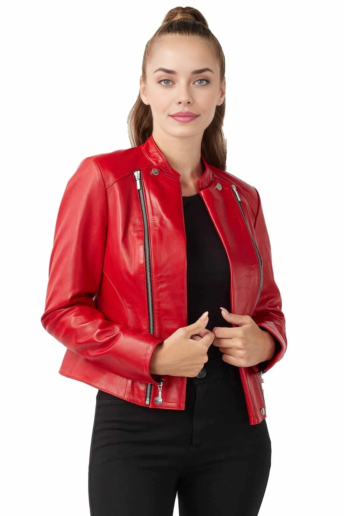 August Red Cafe Racer Leather Jacket For Women