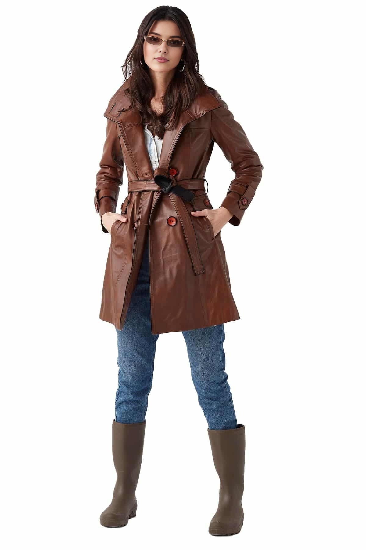 Olivia Brown Leather Coat For Women