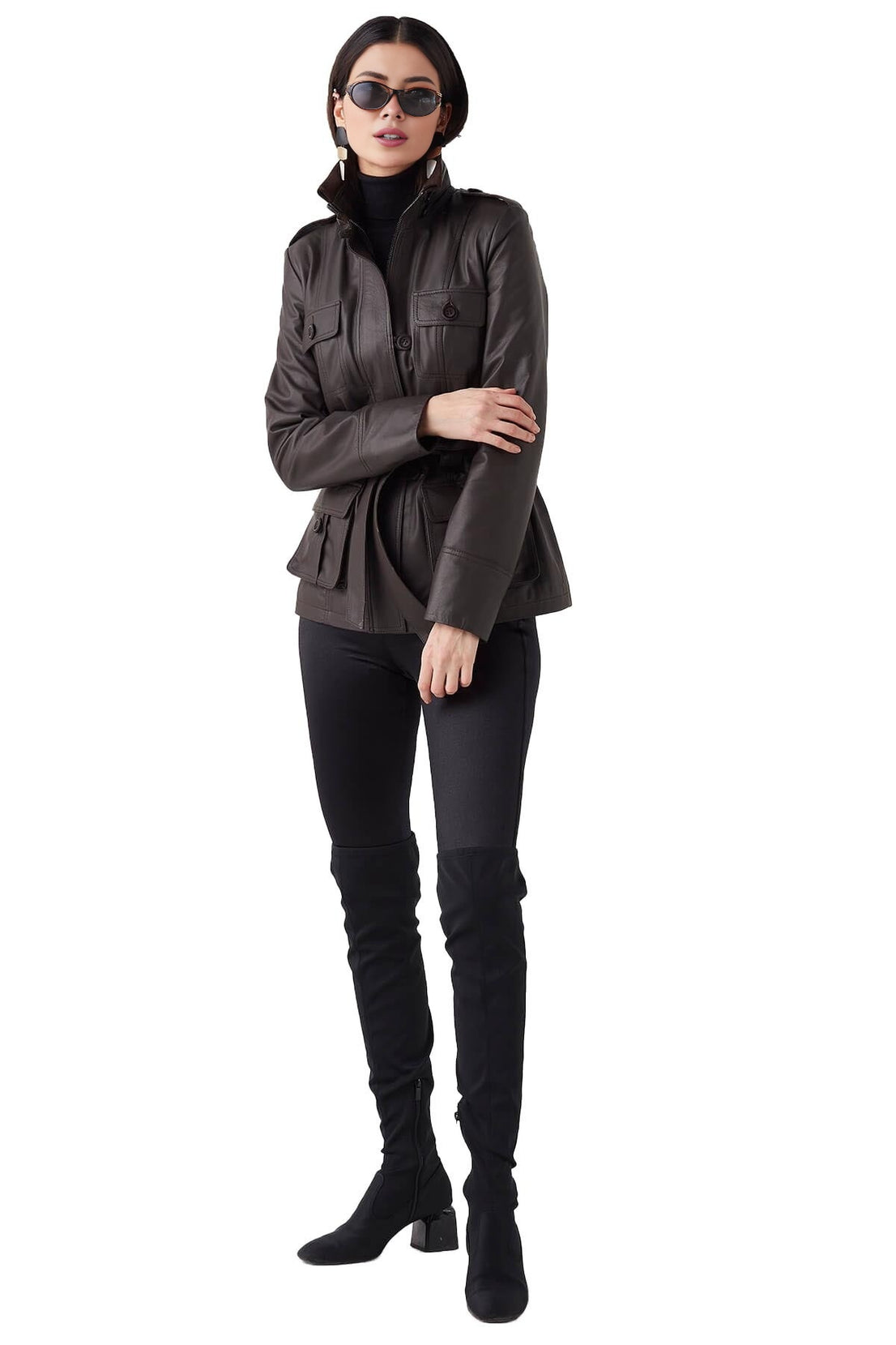 Lisa Anne Dark Brown cafe Racer Leather Jacket For Women