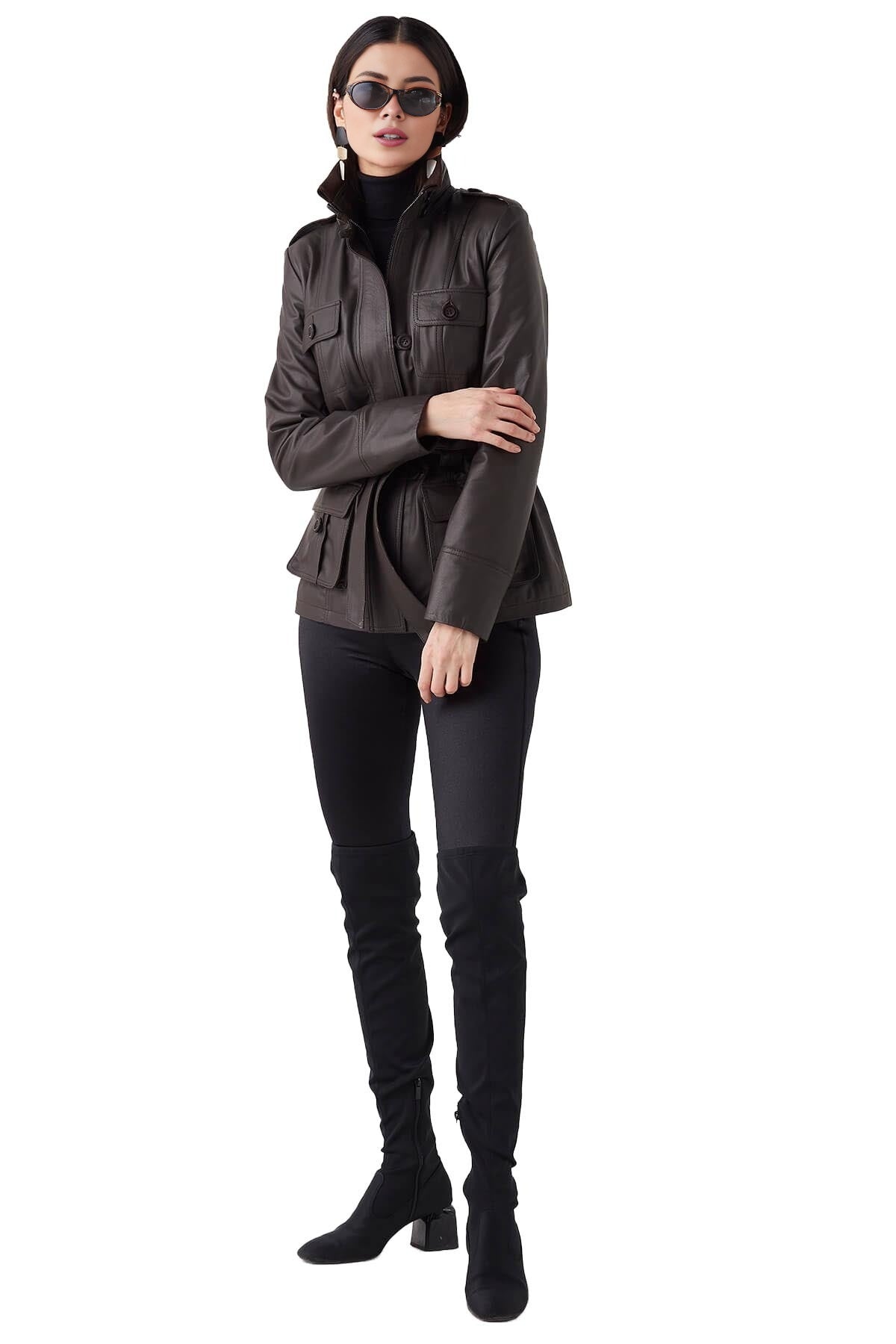 Lisa Anne Dark Brown cafe Racer Leather Jacket For Women