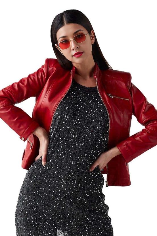 Rabecca Red Motorcycle Leather Jacket For Women