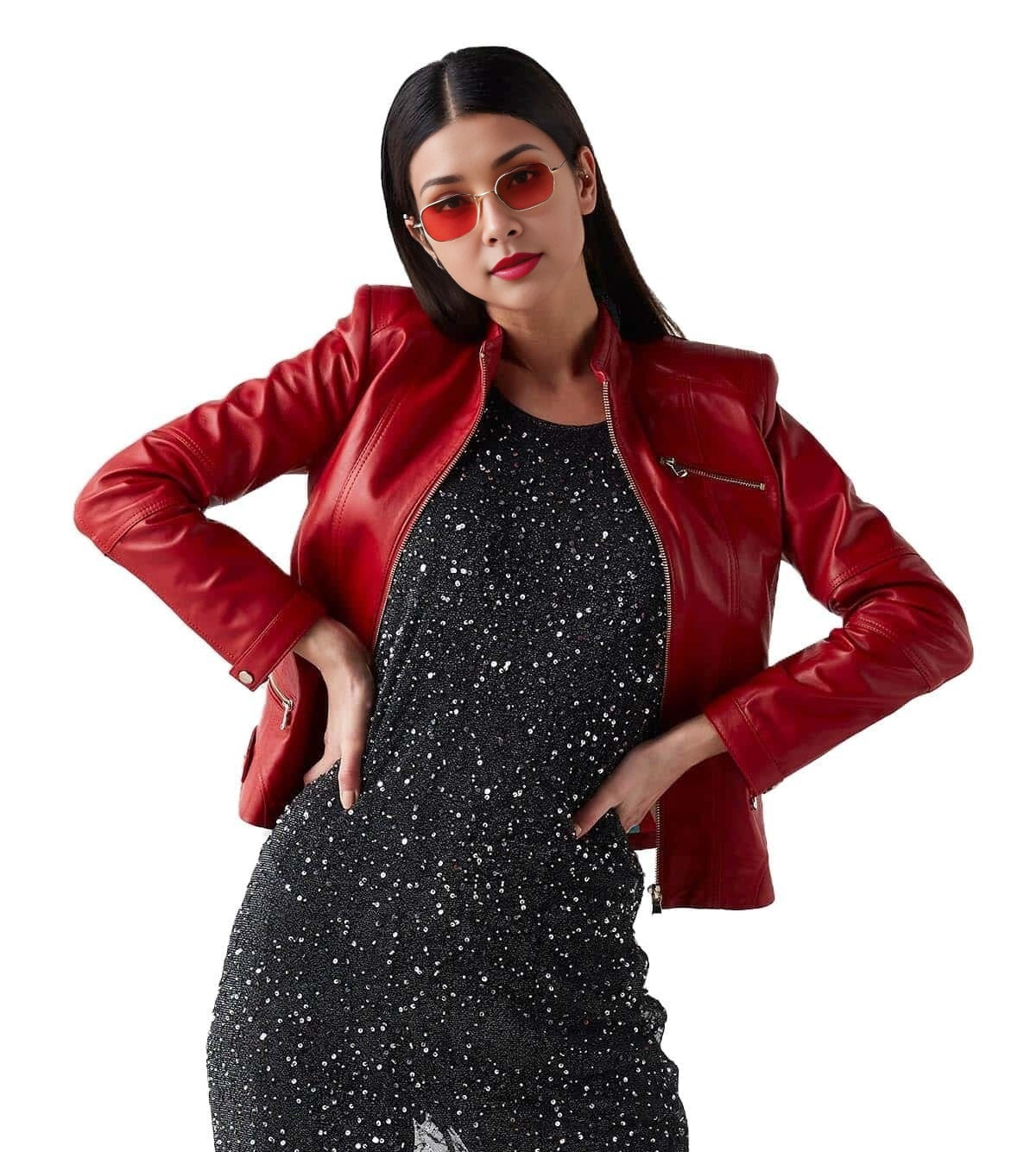 Rabecca Red Motorcycle Leather Jacket For Women