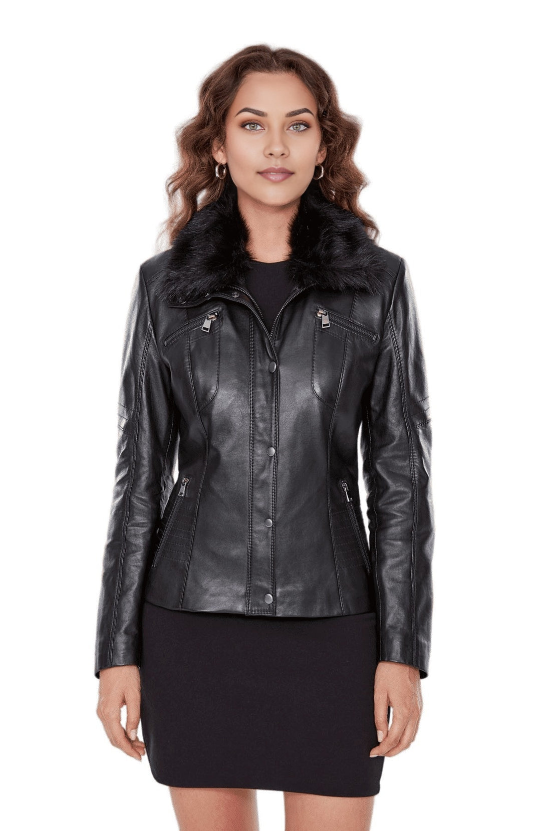 Noelle Black Fur Collar Leather Jacket For Women
