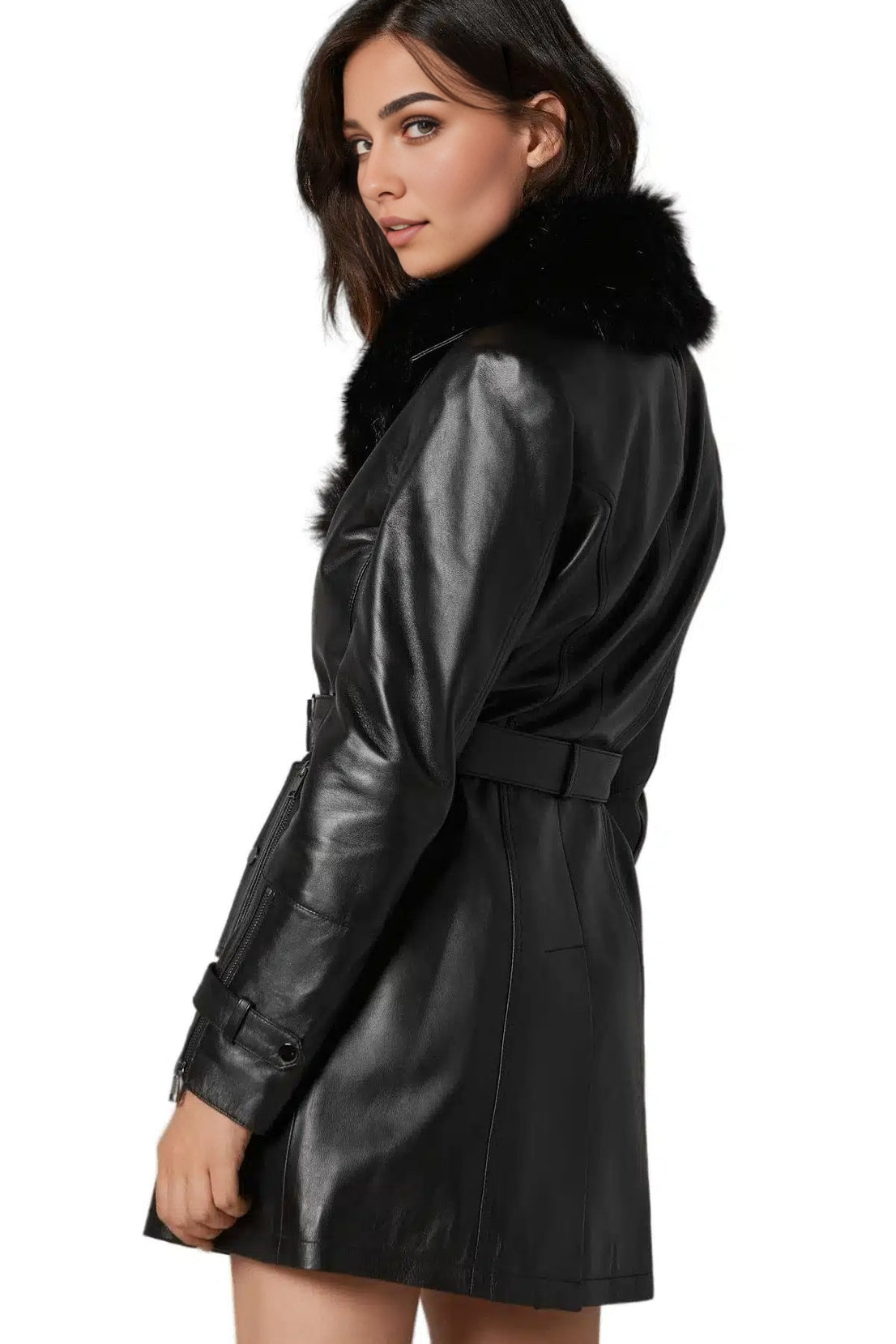 Theodore Black Leather Coat For Women With Fur Collar