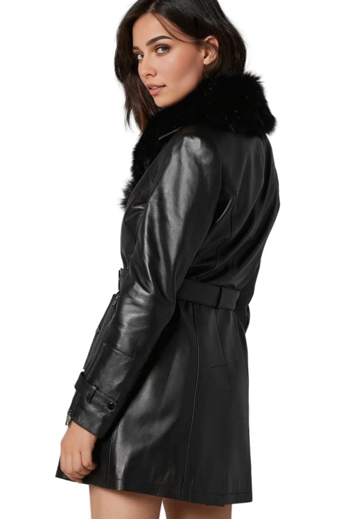 Theodore Black Leather Coat For Women With Fur Collar