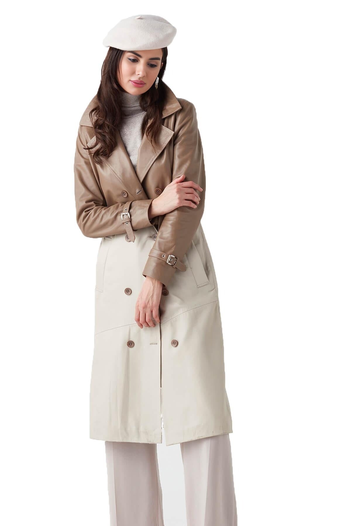 Athena Beige & Cappuccino Long Leather Coat For Women