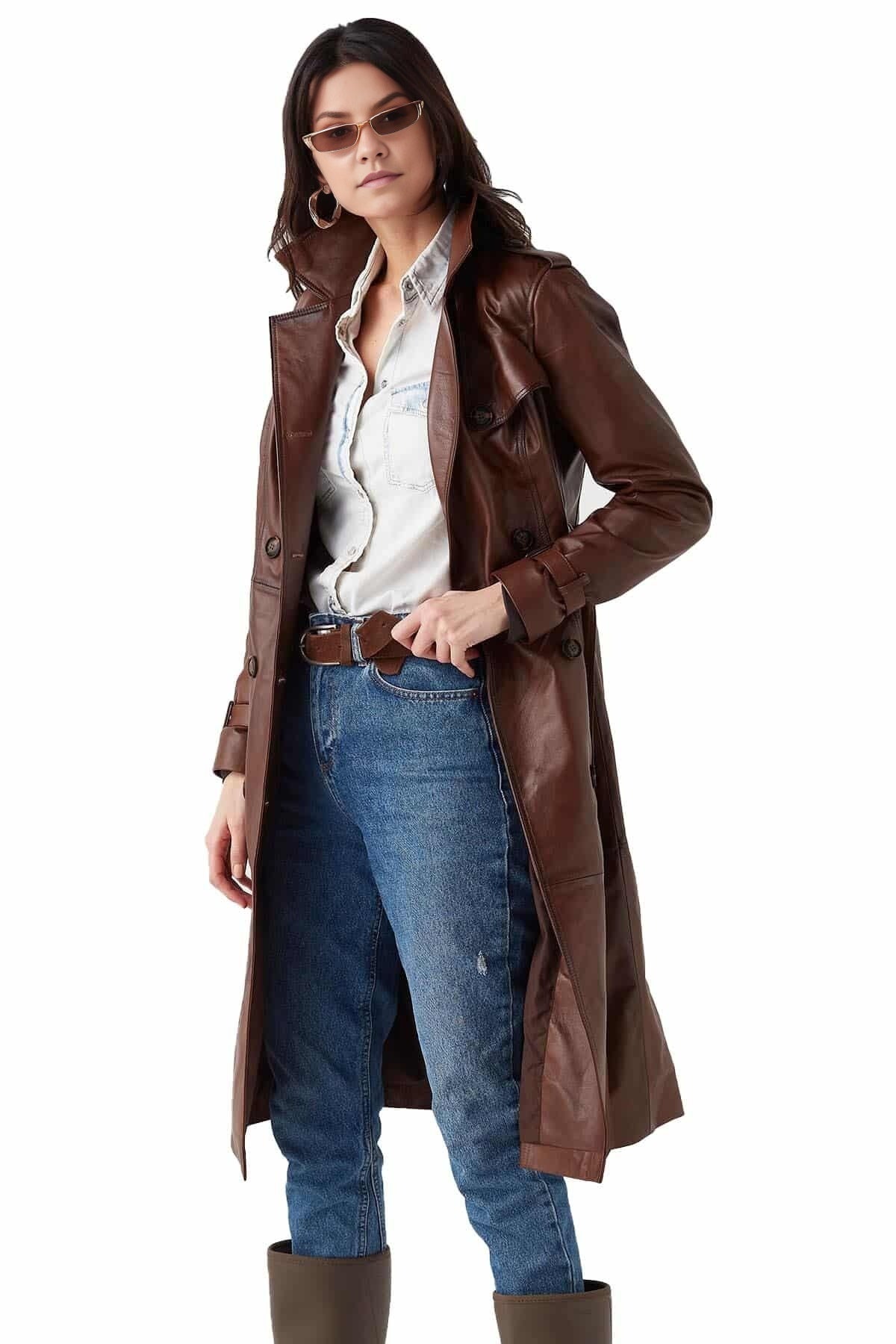 Nova Brown Leather Coat For Women With Center Belt