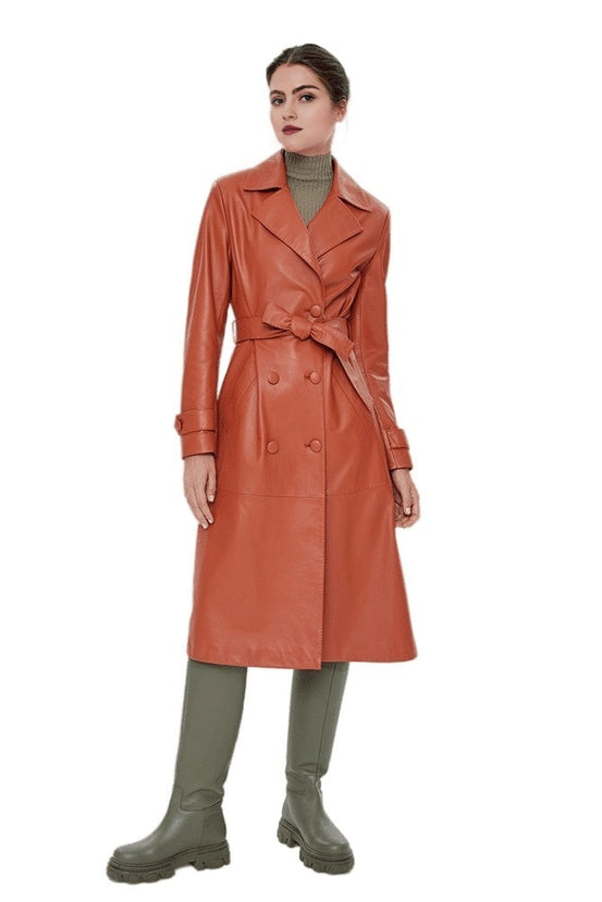 Londyn Orange Long Trench Leather Coat For Women
